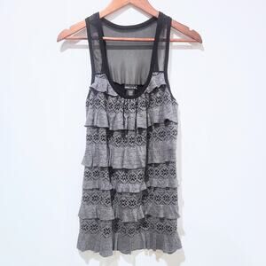 Vintage Wet Seal Gray Black Crochet Ruffle Mesh Tank Top Size Large Y2K 90s